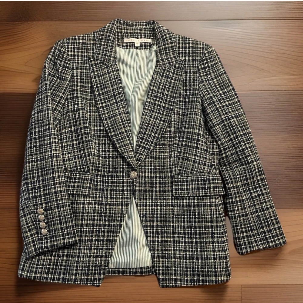 Veronica Beard Navy, Green and White Plaid Blazer